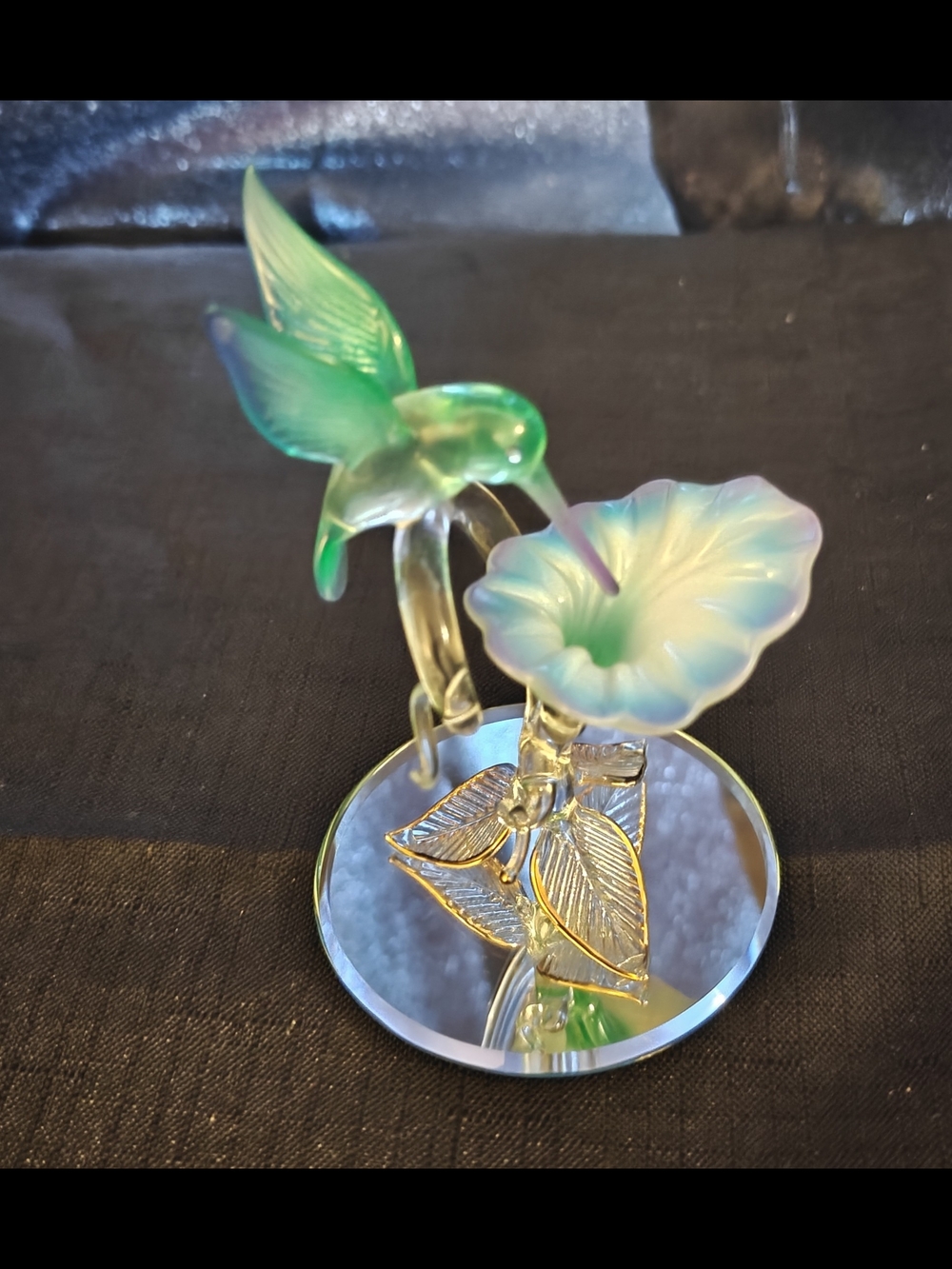 Glass Baron Hummingbird Figurine with Green Blue Flower